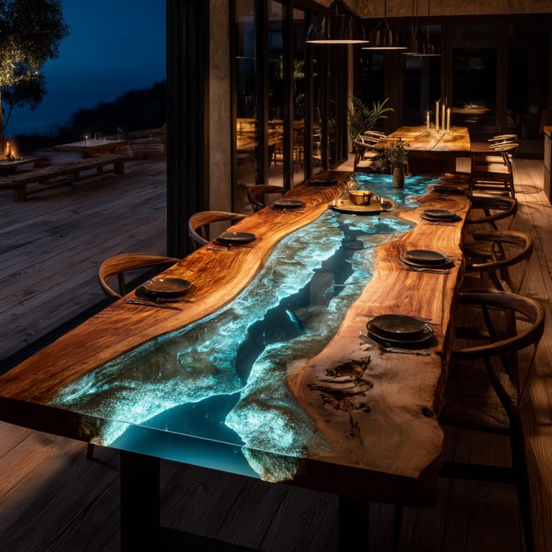 May include: A large, custom-made wooden dining table with a river of glowing blue resin running through the center. The table is surrounded by wooden chairs and set with black plates. The scene is illuminated by soft lighting, creating a luxurious ambiance.