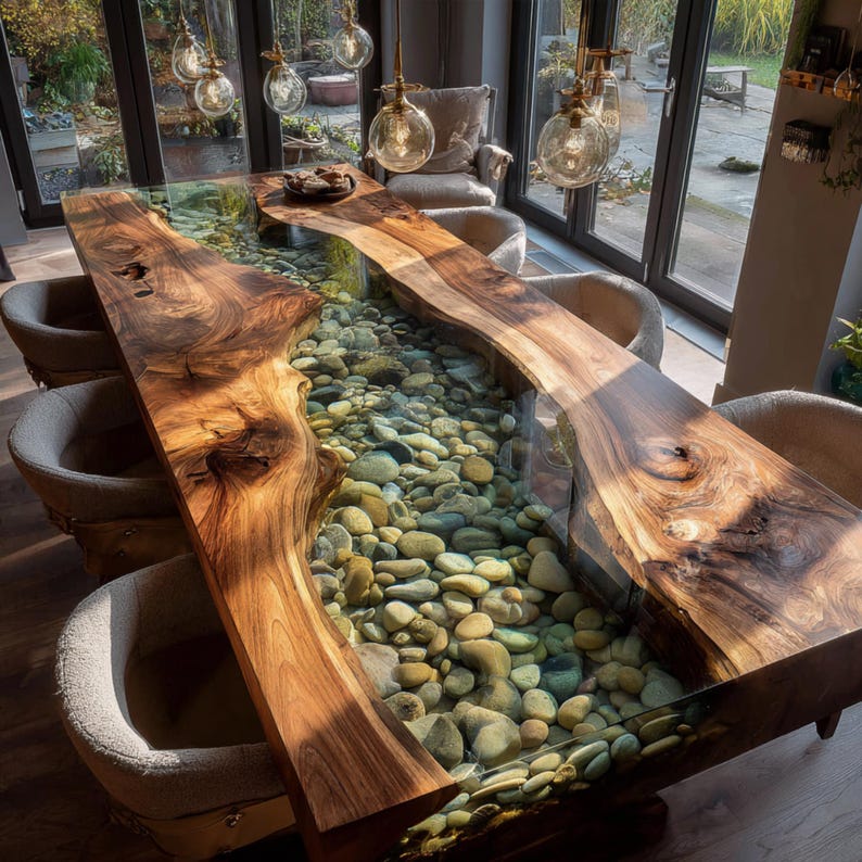 Pu&ograve; includere: Un tavolo da pranzo su misura con un design unico. Il tavolo presenta un piano in vetro trasparente con un fiume di pietre lisce incastonate nella resina. I bordi del tavolo sono in legno naturale, che mostra le venature. Il tavolo &egrave; circondato da sedie imbottite.