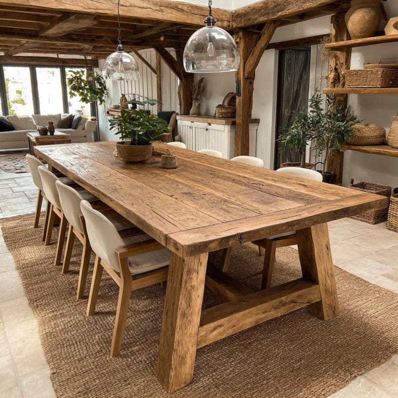 May include: A large, rustic wooden dining table with a rectangular top and thick, sturdy legs. The table is surrounded by cream-colored upholstered chairs. The room features exposed wooden beams, pendant lights, and a woven rug, creating a warm, inviting atmosphere.