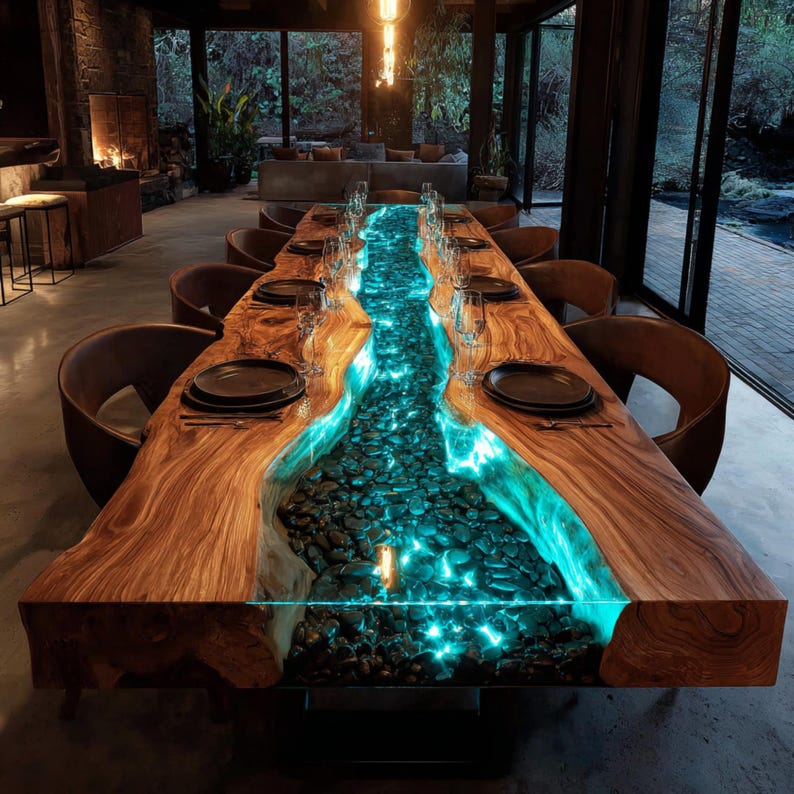 May include: A large, custom-made wooden dining table with a river of glowing blue resin and embedded stones. The table is set with plates, glasses, and chairs, creating an elegant dining experience. The wood has a natural, warm tone.