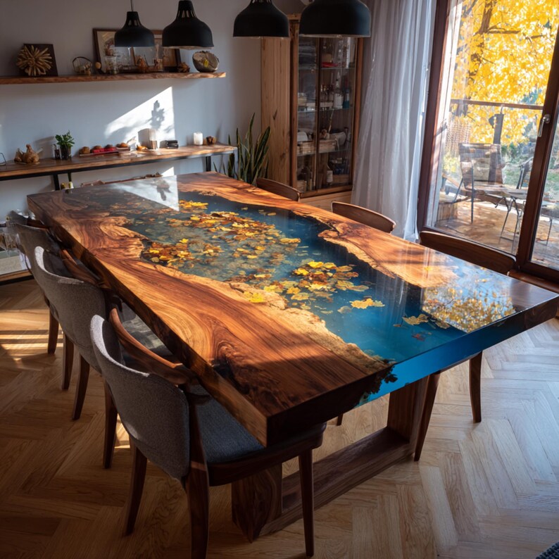 May include: A large, rectangular wooden dining table with a blue resin river design. The table features a glossy finish and is surrounded by gray upholstered chairs. The river design is filled with yellow and brown leaf details.