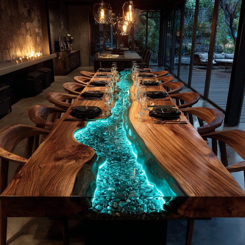 May include: A large, custom-made dining table with a unique design. The table features a live edge wooden surface with a river of glowing blue resin and embedded stones running down the center. The table is surrounded by wooden chairs and set with dinnerware.