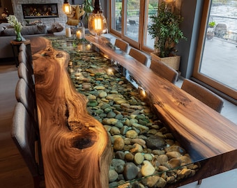 Handmade Live Edge Epoxy Dining Table, Custom Resin River Table
