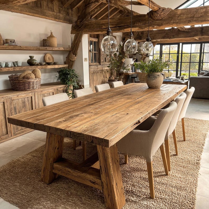 May include: A large, rustic wooden dining table with a natural finish, supported by thick, angled legs. Beige upholstered chairs are arranged around the table. The room features exposed wooden beams, shelves, and pendant lights, creating a warm, inviting atmosphere.