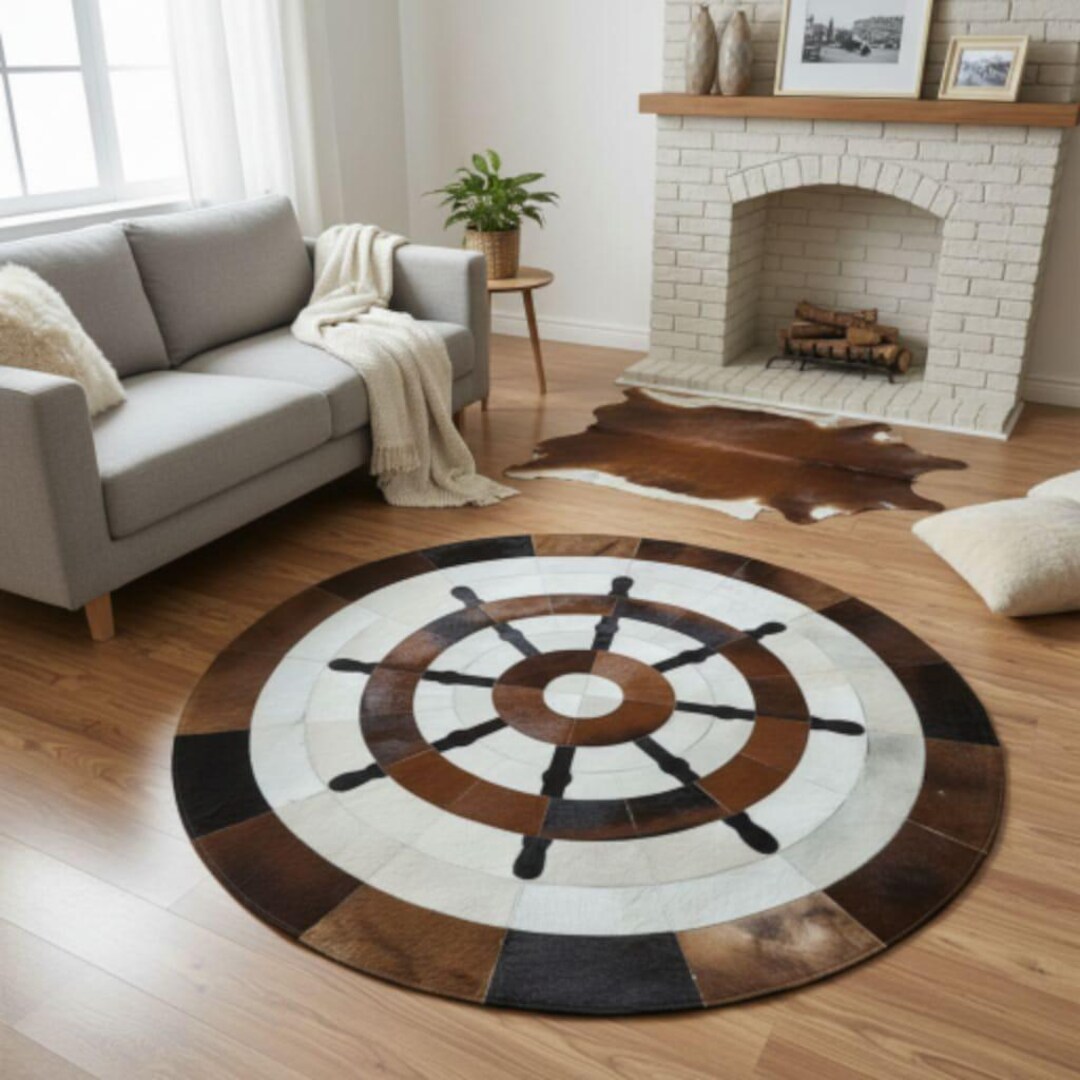 Cog Pattern Rug Handmade Cowhide Round Rug | Nautical Compass Design, Leather Patchwork ...