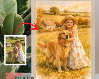 May include: A framed watercolor print depicts a young child in a straw hat embracing a golden retriever dog in a field. The background shows a rural landscape with a house and trees. The print is in a light wood frame.