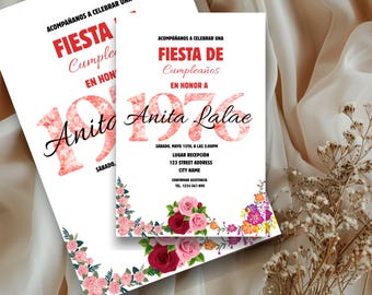 May include: Two white invitation cards with text in Spanish, including "Fiesta de Cumpleaños" and "Anita Lalae." The cards feature floral corner designs with pink and red roses, and the number "1976" in a floral pattern.