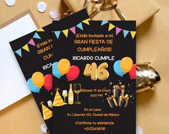 May include: Black birthday party invitations with colorful balloons, party hats, and gift boxes. The invitations read "¡Estás invitado a mi GRAN FIESTA DE CUMPLEAÑOS!" and "Ricardo Cumple 46".