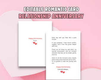 May include: Two white cards with text and red heart accents against a pink background. The cards read "Happy Anniversary To Us" and "Happy Anniversary now and always." The top text says "EDITABLE ROMANTIC CARD RELATIONSHIP ANNIVERSARY."