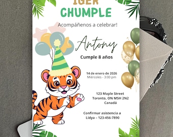 May include: A birthday party invitation featuring a cartoon tiger wearing a party hat and holding balloons. The invitation includes the name "Antony", the age "8 años", and event details in Spanish, with a Toronto, Canada address.