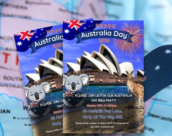 May include: Two invitations for an Australia Day BBQ party. The invitations feature the Sydney Opera House, a kangaroo, and a koala holding a heart with the Australian flag. Text includes the date, time, and location of the party.