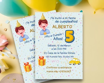 May include: Two light blue birthday party invitations with cartoon illustrations of a boy wearing a party hat. The invitations have text in Spanish, including the name "ALBERTO" and the number "5". Yellow balloons are in the background.