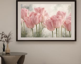 May include: A framed print featuring a close-up of pink tulips. The flowers are in full bloom, with soft, delicate petals. The background is a blurred, pastel-colored wash, creating a dreamy effect. The frame is dark brown.