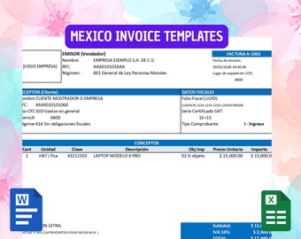 May include: A Mexican invoice template with the title "MEXICO INVOICE TEMPLATES" in a purple banner. The invoice includes fields for the sender and recipient details, fiscal data, and itemized concepts. The total is $17,400.00.