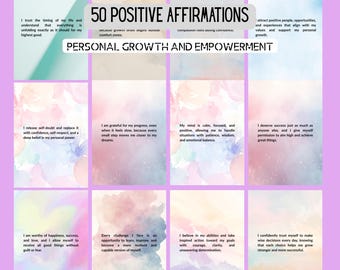 May include: A digital print featuring 50 positive affirmations for personal growth and empowerment. Each affirmation is displayed on a watercolor-style background with soft pastel colors. The text is in a clean, easy-to-read font.