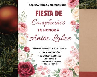 May include: A white invitation card with floral accents and text in Spanish. The card reads "Fiesta de Cumpleaños" (Birthday Party) in honor of Anita Lalae. Details include date, time, location, and contact information.