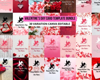 May include: A Valentine's Day card template bundle with 30 variations. The image features a grid of cards with pink, red, and white backgrounds. Each card includes a Cupid illustration and the text "Happy Valentine's Day - Your Name."