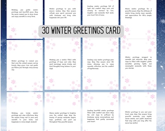 May include: A set of 30 winter greeting cards with a snowflake design. Each card has a white background with pink snowflakes and winter-themed messages. The title "30 WINTER GREETINGS CARD" is in the center.