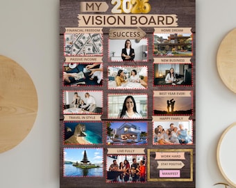 May include: A wooden vision board for 2026 with various images representing goals like financial freedom, success, and a happy family. The board includes the text "MY 2026 VISION BOARD" and motivational phrases.