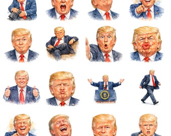 May include: Watercolor illustrations of a man in a suit, showcasing various facial expressions. The images feature the man with blonde hair and a red tie, in different poses, including laughing, pointing, and making a kissing face.