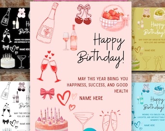 May include: A collection of birthday cards with various designs. The cards feature illustrations of champagne bottles, cherries, cakes, and champagne flutes. The text "Happy Birthday!" is prominently displayed, along with birthday wishes.