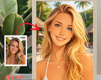 May include: A framed portrait of a smiling woman with long blonde hair and blue eyes. The artwork is set against a tropical beach scene. A smaller image of the woman is in the corner, with the text "24 HOUR DELIVERY" at the bottom.