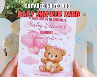 May include: A baby shower invitation card with a pink and white design. The card features a teddy bear holding pink balloons, with text that reads "Baby Shower" and "Honoring Emma Johnson". The card also includes the date, time, and location.
