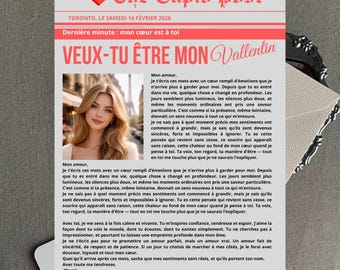 May include: A Valentine's Day themed newspaper page with the headline "VEUX-TU ÊTRE MON Vallentin" in red and pink. The page includes a photo of a woman and romantic text in French.