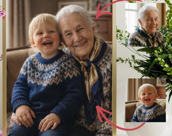 May include: A framed photograph featuring a smiling elderly woman and a young child, both wearing blue sweaters with white and blue patterns. The frame is gold, and there are two smaller inset photos of the same subjects. A vase of greenery is to the right.