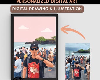 May include: A framed digital illustration featuring a man in sunglasses and a black t-shirt, set against a beach scene with a pink sky. The image includes the text "PERSONALIZED DIGITAL ART" and "DIGITAL DRAWING & ILLUSTRATION".