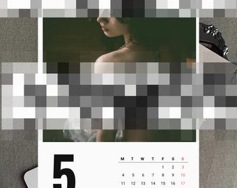 May include: A calendar page for May featuring a photograph of a person and a calendar grid. The number 5 is prominently displayed, with the month name below. The calendar grid shows the days of the month.