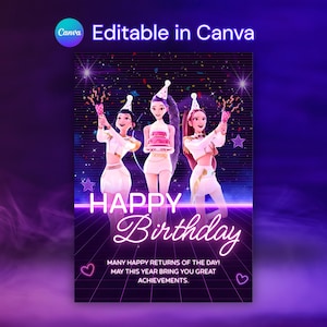 May include: A digital birthday card with three animated figures celebrating. The card features the text "Happy Birthday" in a neon style, along with additional text. The background is a dark purple with a retro, futuristic design.