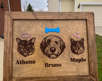 Custom Wood Pet Portrait Frame, Engraved Dog Cat Sign, Personalized Pet Lover Home Decor
