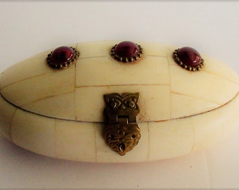 1940's Handcrafted Jeweled Trinket Box Bone Amber Brass Jewelry Storage Box Treasure Chest