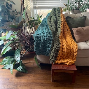 May include: A chunky knit blanket in teal, olive green, and mustard yellow draped over a sofa. The blanket is made of thick yarn, creating a textured appearance. The background includes indoor plants and a wooden side table.