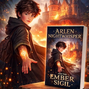 Może przedstawiać: Cyfrowa okładka ebooka z tytułem "MAGICAL FANTASY" i tekstem "eBook". Okładka przedstawia młodą osobę w kapturze z świecącym symbolem na ramieniu oraz książkę zatytułowaną "Arlen Nightwhisper and the Ember Sigil". Obecny jest również tekst "DIGITAL DOWNLOAD - GREAT FOR YOUNG READERS!"