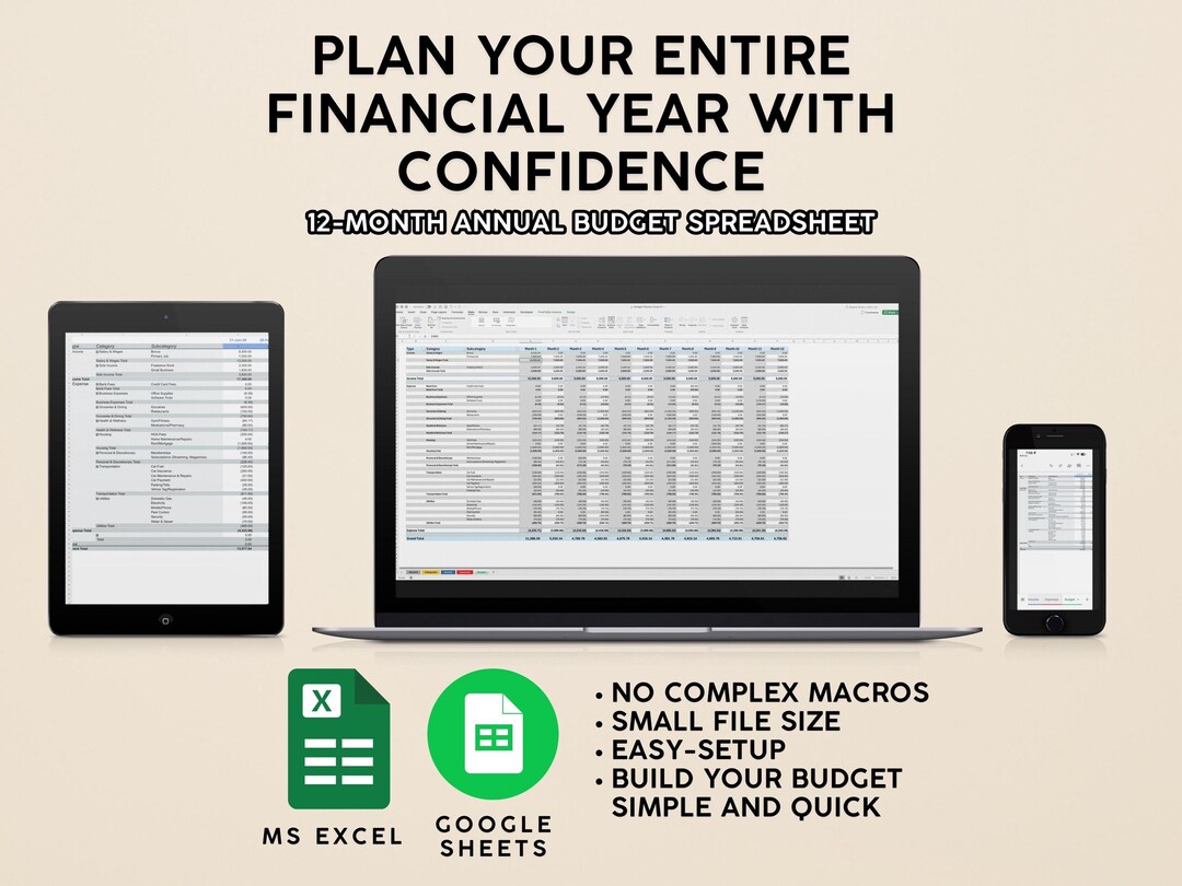Ultimate Annual Budget Spreadsheet – 12-month Excel & Google Sheets ...
