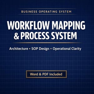 May include: A dark blue graphic with the text "WORKFLOW MAPPING & PROCESS SYSTEM." Additional text includes "Architecture, SOP Design, Operational Clarity," and "Word & PDF Included." The background has a grid pattern.