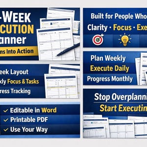 May include: A blue and gold 4-Week Execution Planner with the text "Turn Plans Into Action." Features include a 4-week layout, weekly focus and tasks, and progress tracking. It is editable in Word, printable as a PDF, and designed for clarity, focus, and execution.