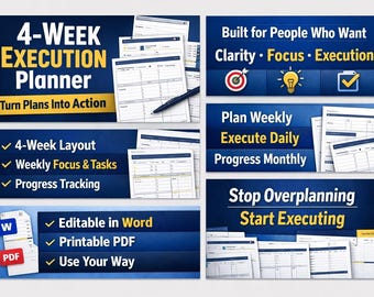 Uitvoeringsplanner voor 4 weken | Maandelijks actieplan | Productiviteit en doelentracker | Bewerkbare businessplanner | Direct downloaden