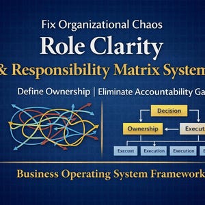 Könnte beinhalten: Eine marineblaue Grafik mit dem Text "Fix Organizational Chaos, Role Clarity & Responsibility Matrix System". Sie enthält ein Diagramm mit den Wörtern "Eigentum", "Entscheidung" und "Ausführung". Die Grafik enthält auch den Text "Eigentum definieren | Verantwortlichkeitslücken beseitigen".