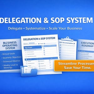 Könnte beinhalten: Blaues Bild mit dem Text „DELEGATION & SOP SYSTEM“ und dem Slogan „Delegieren • Systematisieren • Skalieren Sie Ihr Unternehmen“. Mehrere Dokumente sind abgebildet, darunter ein „Business Operating System“.