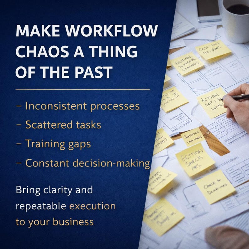 Op de afbeelding: Afbeelding met tekst: "MAKE WORKFLOW CHAOS A THING OF THE PAST." Opsommingstekens vermelden "Inconsistent processes", "Scattered tasks", "Training gaps" en "Constant decision-making". De tekst moedigt "clarity and repeatable execution" aan.