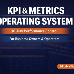 May include: A dark blue graphic with white text that reads "KPI & METRICS OPERATING SYSTEM". Below, it says "90-Day Performance Control For Business Owners & Operators". The bottom right corner says "Editable Word + PDF".