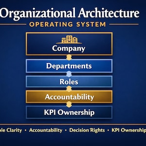May include: A diagram titled "Organizational Architecture" with a dark blue background. The diagram shows a hierarchical structure with boxes labeled "Company," "Departments," "Roles," "Accountability," and "KPI Ownership."