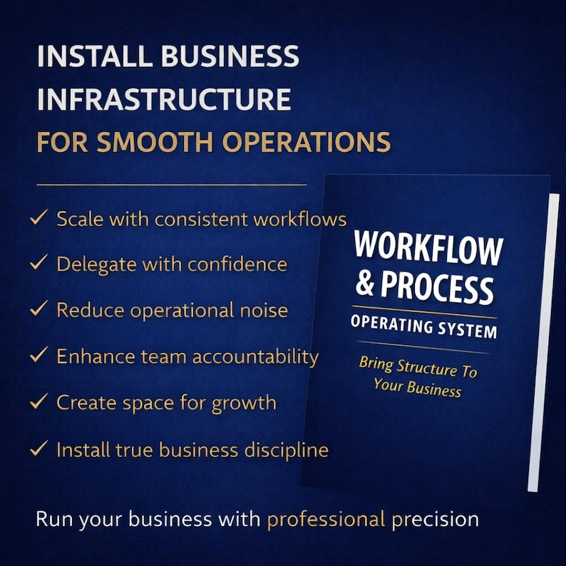 Op de afbeelding: Een marineblauwe afbeelding met witte tekst die bedrijfsinfrastructuur promoot. De tekst luidt "Installeer Bedrijfsinfrastructuur voor Vlotte Operaties". Er is ook een boek getiteld "Workflow & Process Operating System".