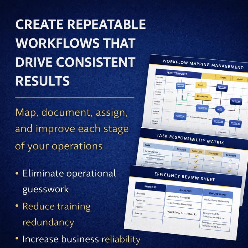 Op de afbeelding: Afbeelding met tekst: "CRE&Euml;ER HERHAALBARE WORKFLOWS DIE CONSISTENTE RESULTATEN BEHALEN." Er staat ook: "Breng in kaart, documenteer, wijs toe en verbeter elke fase van uw activiteiten." De afbeelding bevat workflowdiagrammen en een taakverantwoordelijkheidsmatrix.