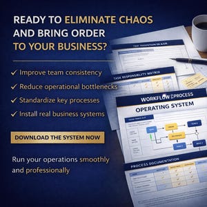 Op de afbeelding: Afbeelding van zakelijke documenten met de tekst "READY TO ELIMINATE CHAOS AND BRING ORDER TO YOUR BUSINESS?" en "DOWNLOAD THE SYSTEM NOW." De documenten bevatten workflowdiagrammen en taakmatrices.