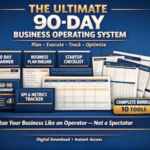 Op de afbeelding: Een digitale business operating system bundel met 10 tools, waaronder een 90-dagen planner, business plan builder en startup checklist. De afbeelding heeft een donkerblauwe achtergrond met witte en gouden tekst.