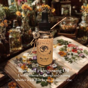 Könnte beinhalten: Eine klare Glasflasche Blue Bird Uncrossing Oil mit schwarzer Pipette und dekorativem Schlüsselanhänger. Das Etikett zeigt ein Augendesign und Text. Die Flasche steht auf einem offenen Buch mit floralen Illustrationen.